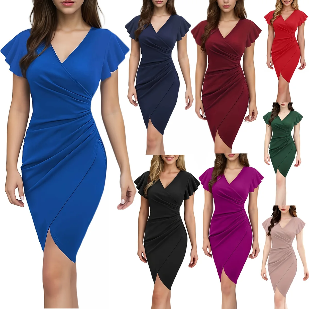 

Women's Dress Plain Falbala Ruffle Trim Hip Sexy Elegant Short Sleeve Dresses for Party Wedding Office Lady Ruched Midi Dress