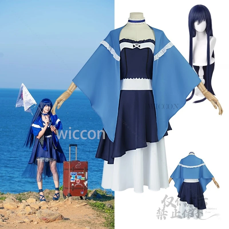 أزياء كوشيما كامومي التأثيرية بجيوب صيفية ملابس كاواي اليومية فستان أزرق بدلة الحفلات مجموعة كاملة من باروكات الهالوين النسائية