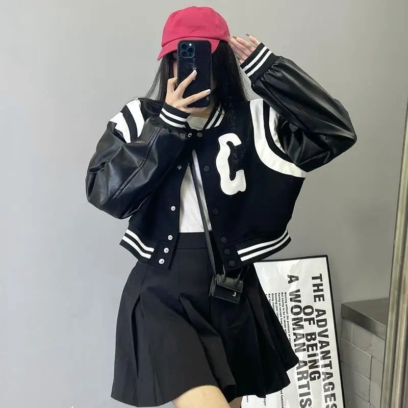 Hot 2026 Spring Autumn New Fashion Women Leather Sleeve Short Coat Western Style Leisure Sports Motorcycle Trendy Baseball Suit