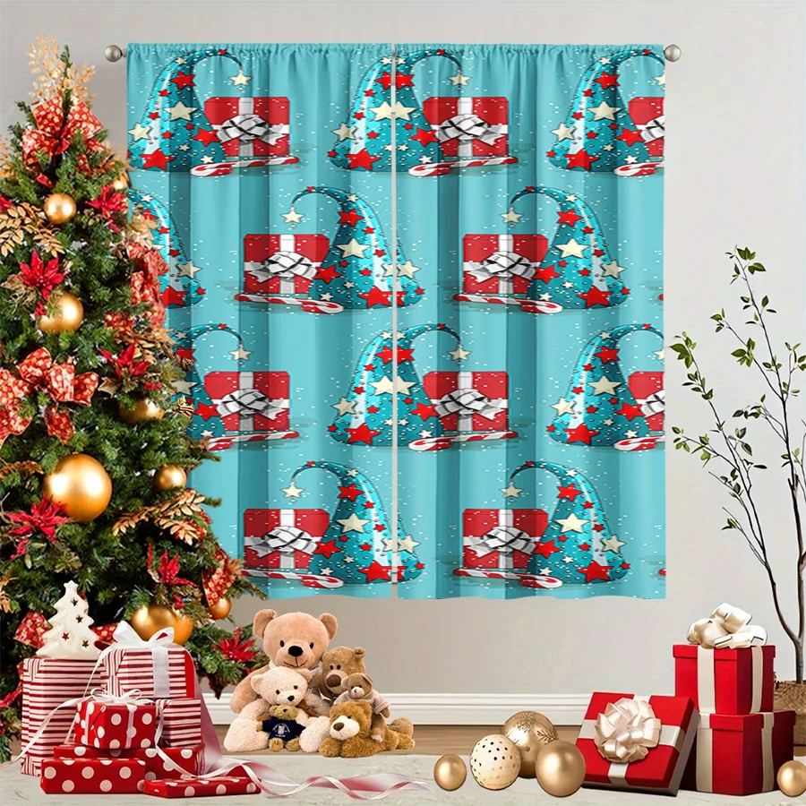 2PCS Christmas Winter Curtains, Blue Santa Hat Gift Box Star Candy Cane Pattern, Digital Print, Bedroom Living Room, Home Decor
