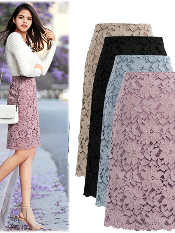 

Однотонная кружевная юбка трапециевидной формы с высокой талией, уличная тонкая юбка средней длины из полиэфирного волокна, свободная посадка для женщин 25-29 лет