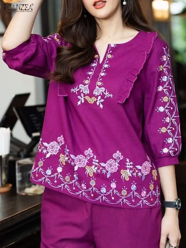 

ZANZEA Bohemian Women's Floral Printing Blouses Fall 2025 New V-Neck 3/4 Puff Sleeve Ruffles Trim Detail Blouse Woman Tops 3XL
