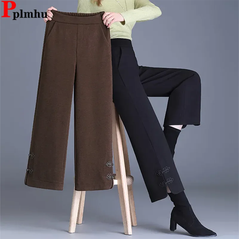 

Fall Winter Woolen Thick Loose Straight Pants Women High Waist Wool Blend Wide Leg Pantalones Korean Casual Ankle Length Calca