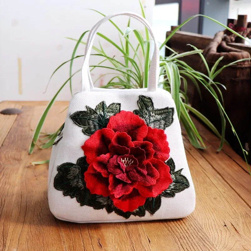 Ethnic Style Embroidered Flower Bag Canvas Casual Bag Handbag Embroidered Three-dimensional Flower Bag Handbag