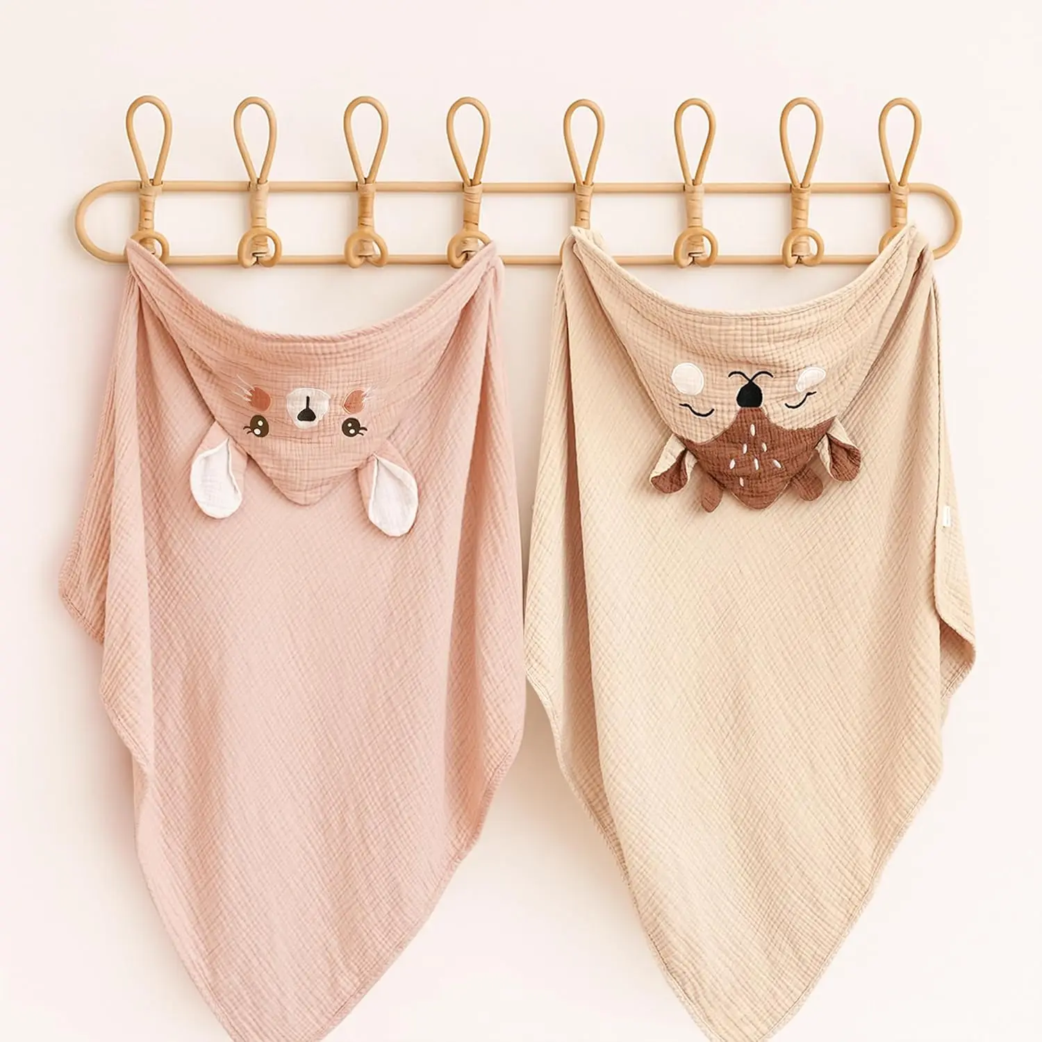2Pcs Double-layer Cotton Hooded Bath Towels, Deer & Bunny Design, Soft Absorbent Wrap for Newborns & Infants as Baby Gifts