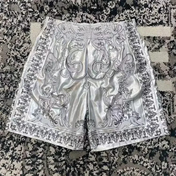 Calça de praia reta seca rápida masculina, short casual elástico, estampado com padrões na moda metal prata, novo estilo, verão