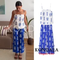 KONDALA Women Holiday Beach Print Trendy Pants Set Cami Tops Zipper Pants New Fashion 2026 Spring Summer Party Blue Mujer Set