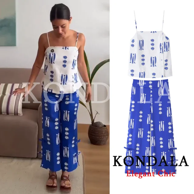 KONDALA Women Holiday Beach Print Trendy Pants Set Cami Tops Zipper Pants New Fashion 2026 Spring Summer Party Blue Mujer Set