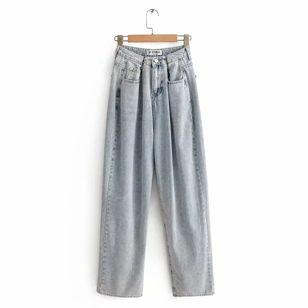 Fashion Blue Denim Trousers Wide Leg Pants Women Straight Long Pants High Waist Casual Loose Wide-leg Pants