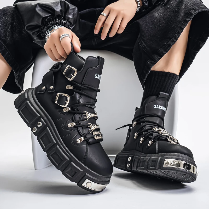 

Punk Rivet Motorcycle Boots Men Street Style Black High Top Men's Biker Shoes Platform Designer Ankle Boots For Men Rock Shoes