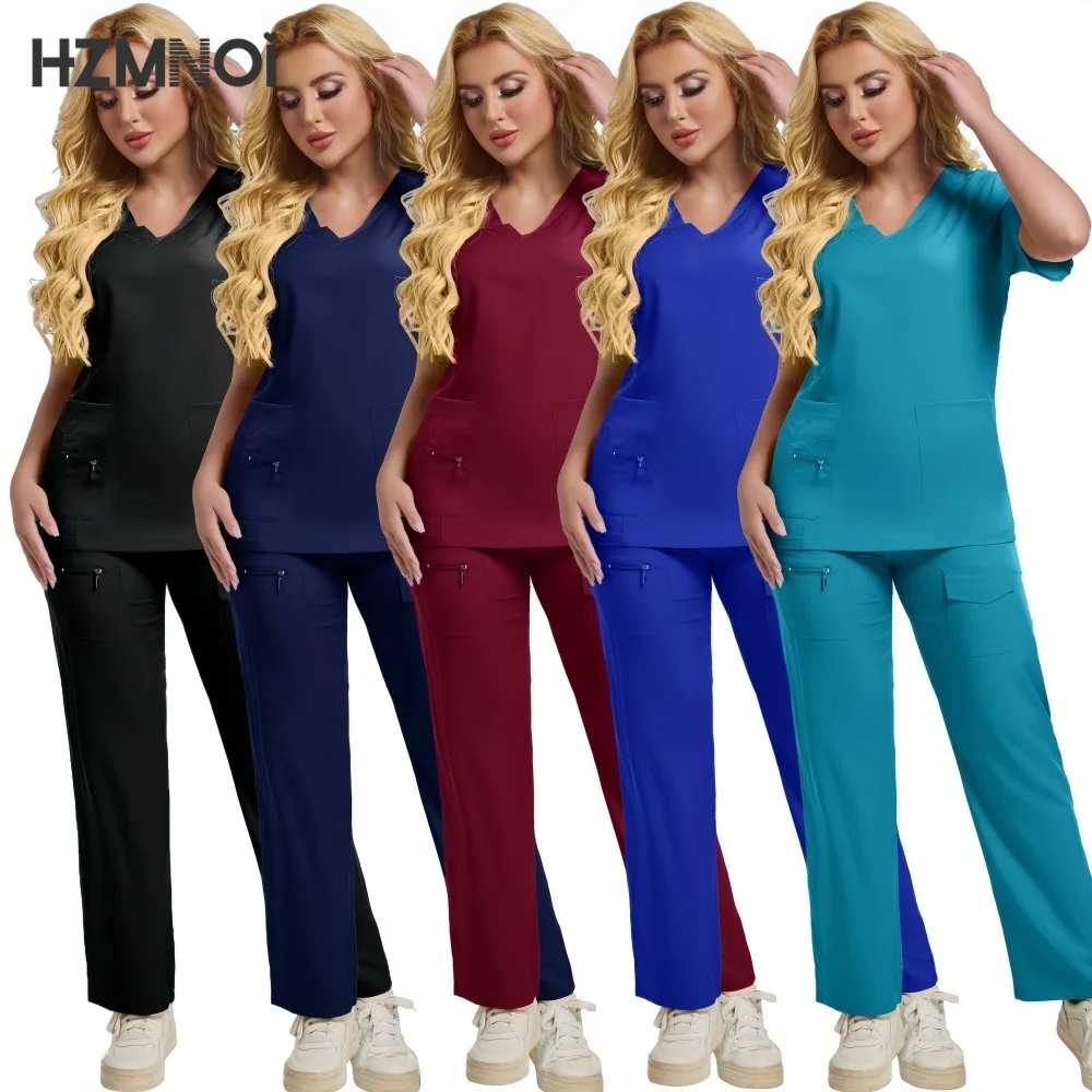 

New Short Sleeve Scrubs Top with Pocket Pants Medical Nurse Uniforms Doctor Surgery Overalls Spa Outwear Beauty Salon Workwear