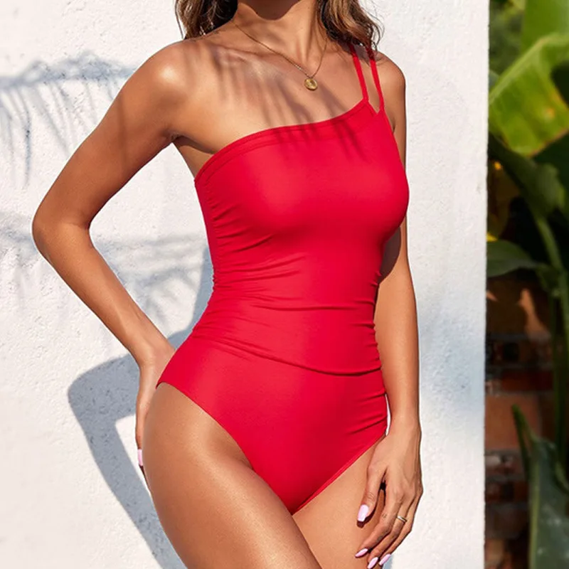 2026 European and American small fresh swimsuit one-piece sexy bikini mesh hollow solid color pleated swimsuit women's