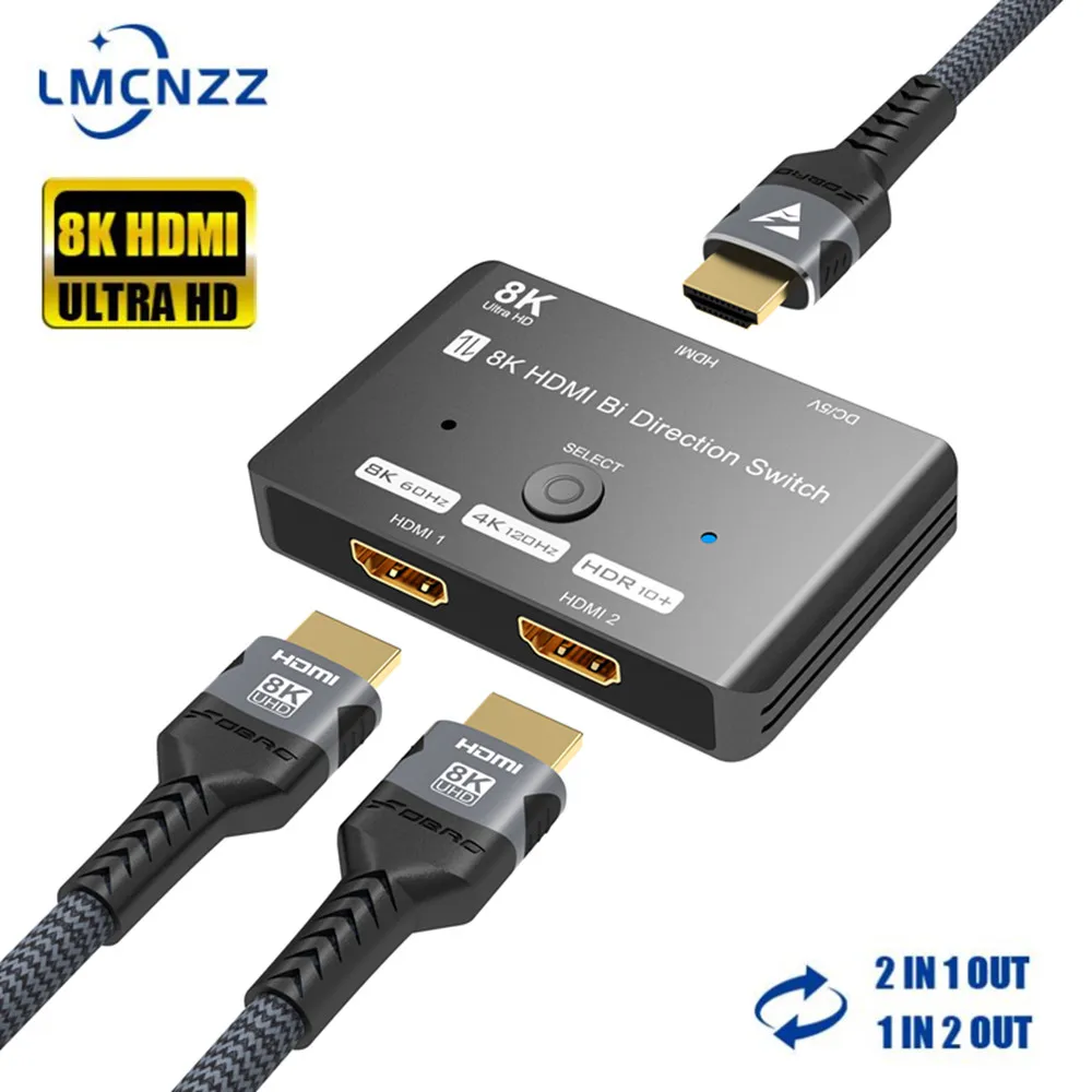 Interruptor bidireccional HDMI 2,1 para PC, TV, PS4, Xbox, PS5, proyectores, 8K, 60Hz, 4K, 120Hz, adaptador de conmutador 2 en 1