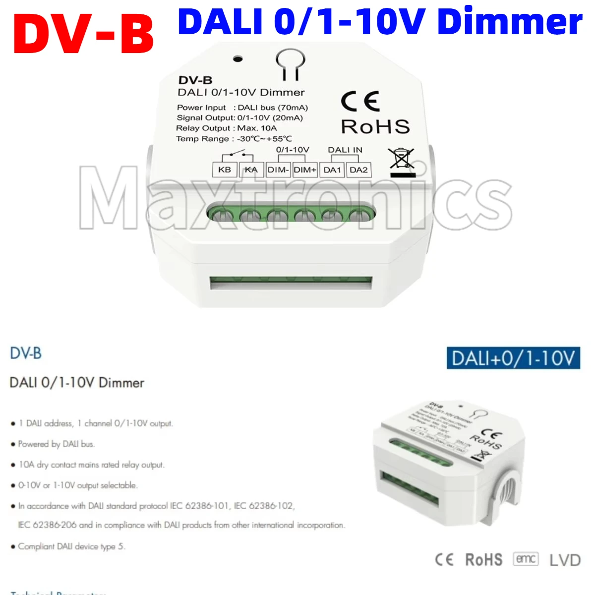 Диммер DALI до 0/1-10 В DV-B (DT5) AC 100-240 В, крепление на DIN-рейку, выход сигнала затемнения 0–100%, 1 канал * 20 мА для одноцветной светодиодной ленты