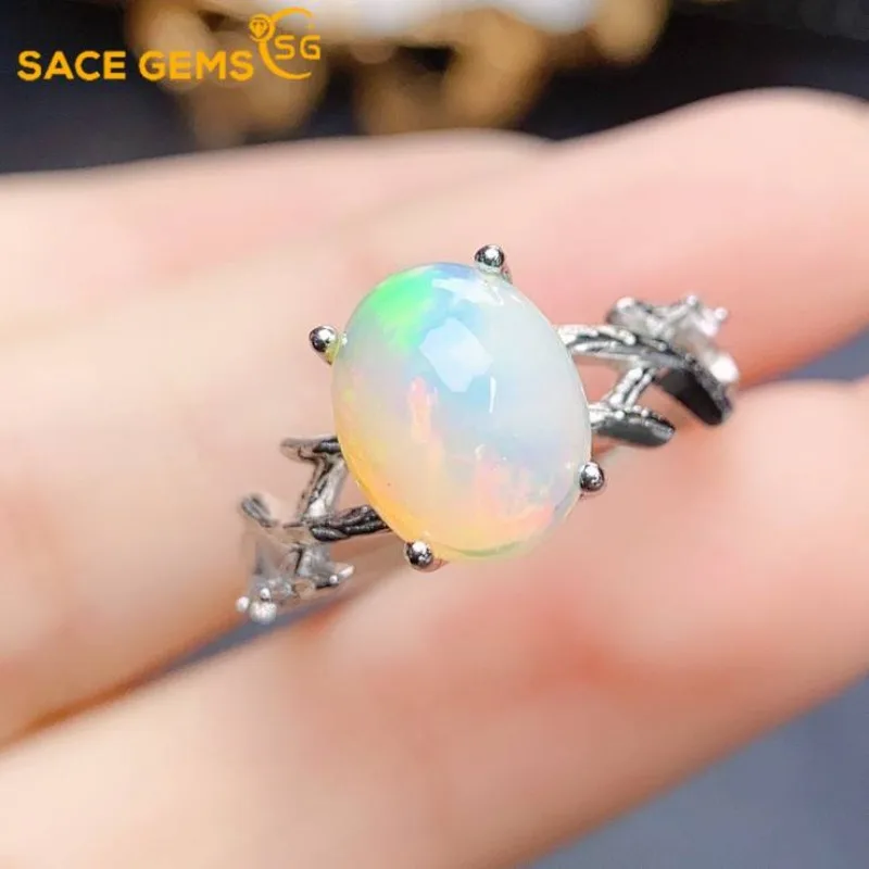 

SACE GEMS New Luxury 925 Sterling Silver 8*10MM Natural Opal Gemstone Rings for Women Engagement Cocktail Party Fine Jewelry