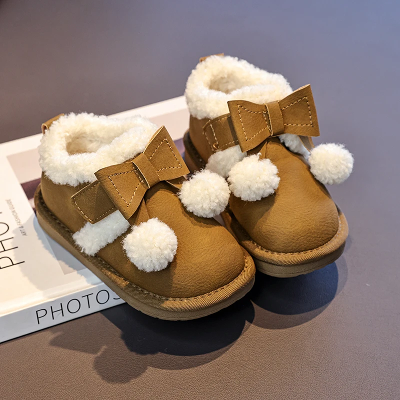 الأطفال طفل الثلوج الأحذية 2-16 سنة الأصفر القوس شعري الفتيات أحذية قطنية بني داكن مائة المضادة للانزلاق الاطفال أحذية بوت قصيرة #6