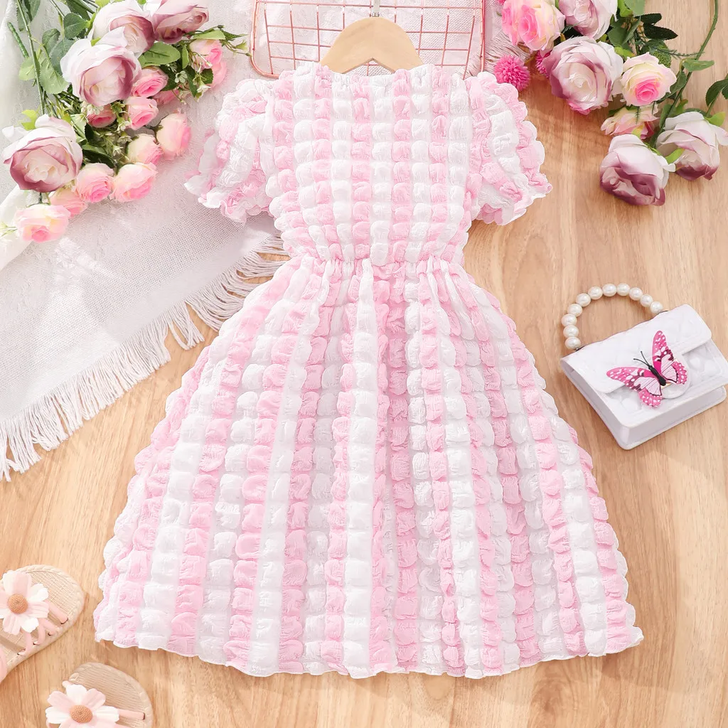 2024 New Dress Kids Girl Clothes Puff Summer Short Sleeve 3 4 5 6 7 Years Old Casual Soft Strip Birthday Baby Girls Tutu Dresses