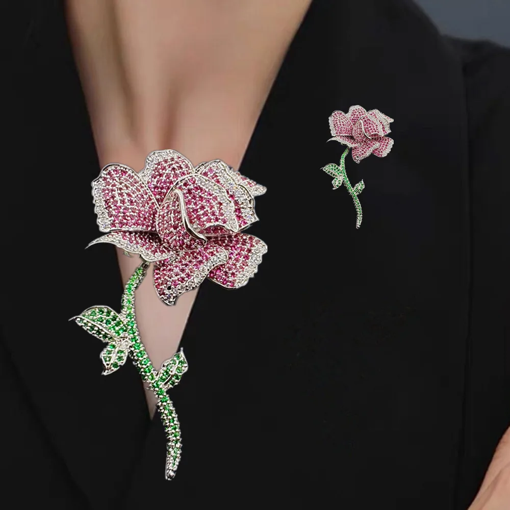 Winter New High-end Inlaid with Zircon Flower Brooch Luxury Design Iris Rose Orchid Corsage Clothing Accessories Pin Women Gifts