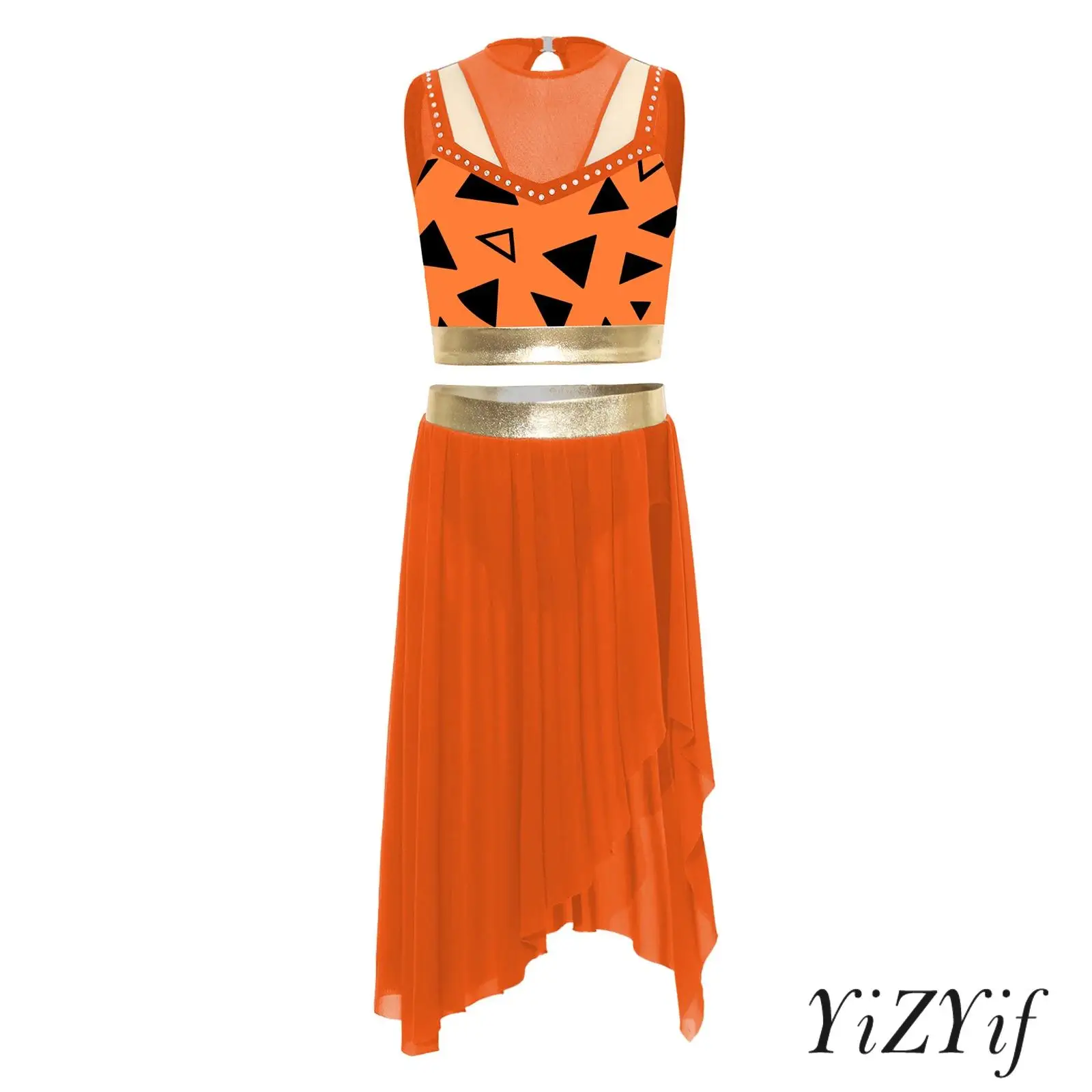 

Girls 2 Pieces Cavegirl Leopard Print Patchwork Costume Sleeveless Rhinestones Crop Top and Side Split Asymmetrical Ruffle Skirt