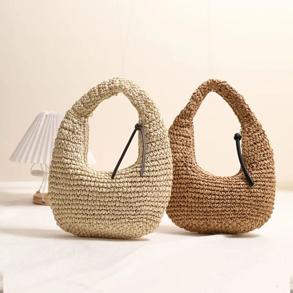 

Trendy Large Capacity Straw Bag Grass Wrist Circle Rattan Handbag Fashion Half Moon Summer Beach Bag Summer