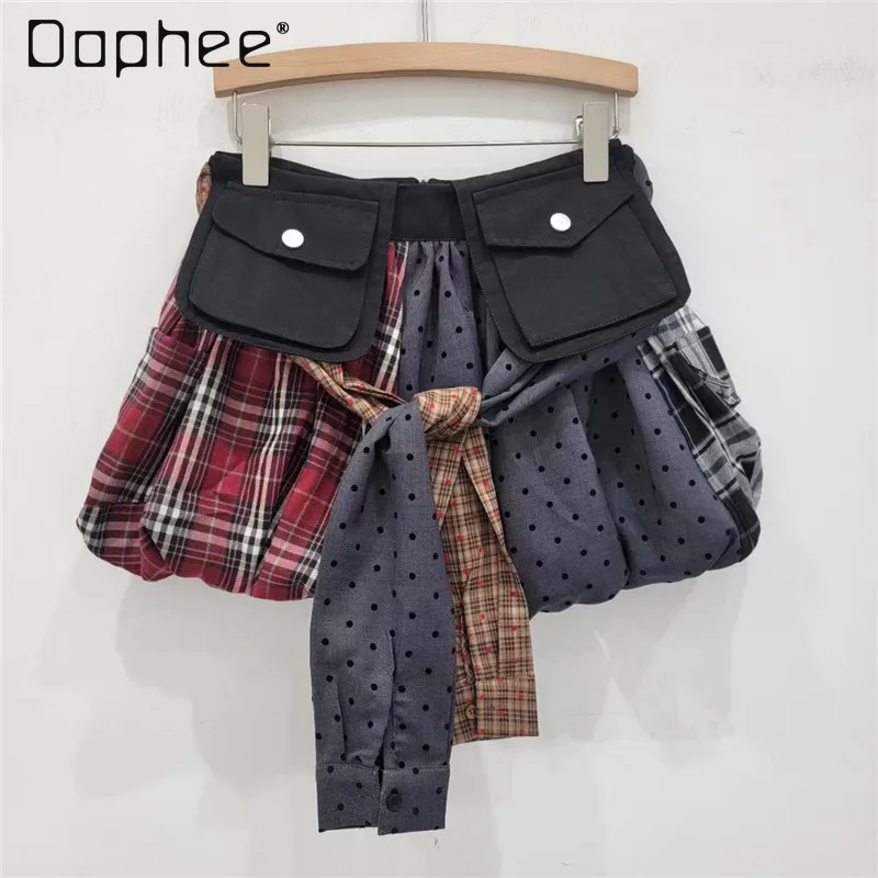 Fashion Bud Skirt Contrast Color Plaid Patchwork Lace Up Pockets Zipper Back Mini Skirt Polka Dot Summer Trend Streetwear