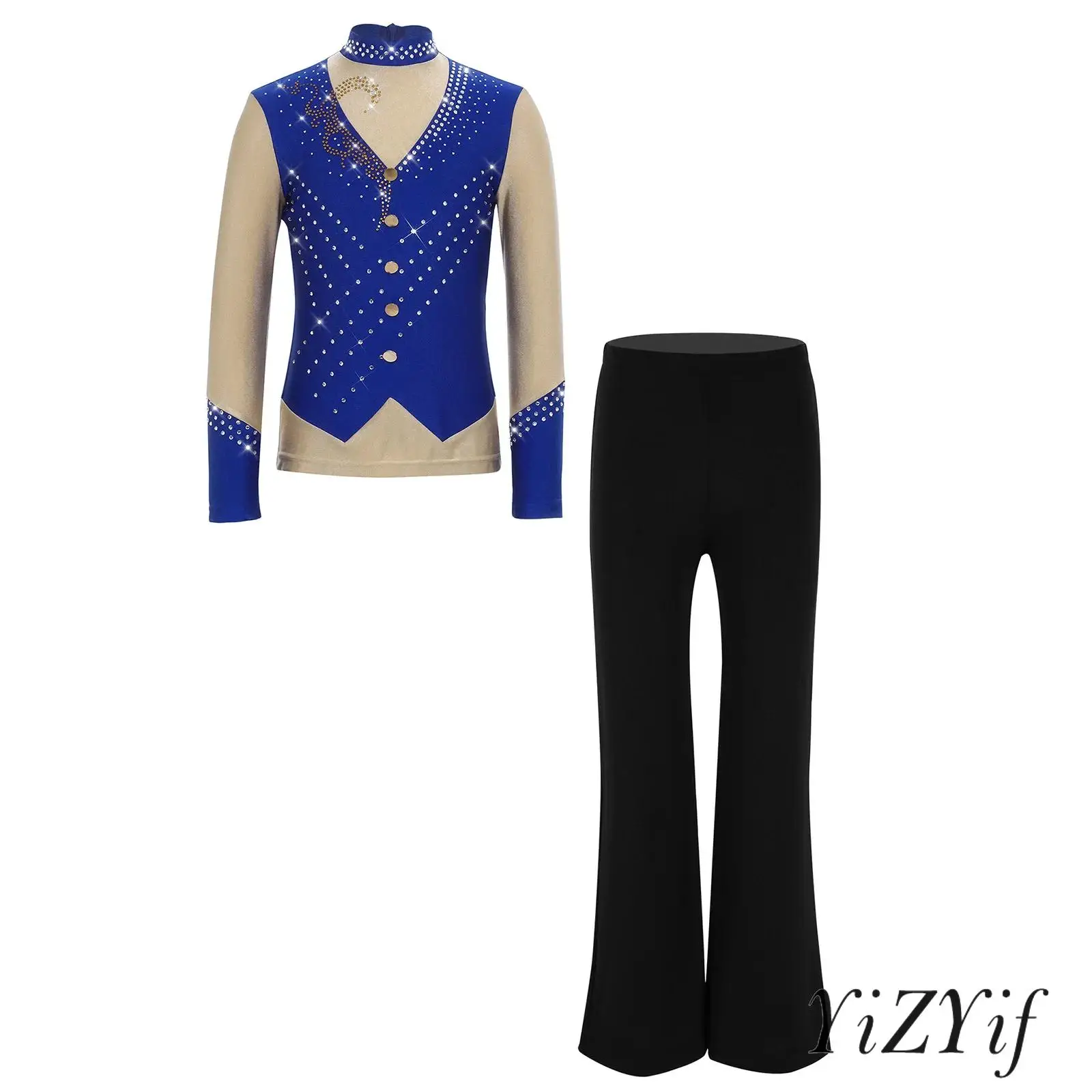 

Kids Boy 2Pcs Ice Figure Skating Costumes Sparkly Rhinestones Long Sleeve Back Invisible Zipper Top with Stretchy Boot Cut Pants