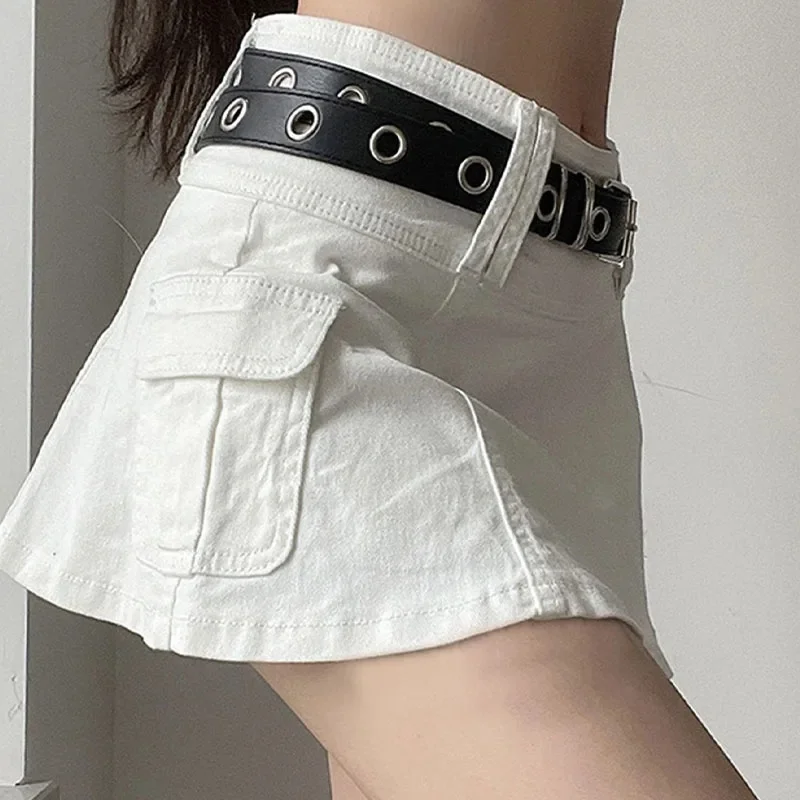 Neue Sommer frauen Gothic Mini Rock mit Niedriger Taille Schwarz Tasche Patch A-linie Rock Ästhetischen Harajuku Enge Hosen Outdoor kleid