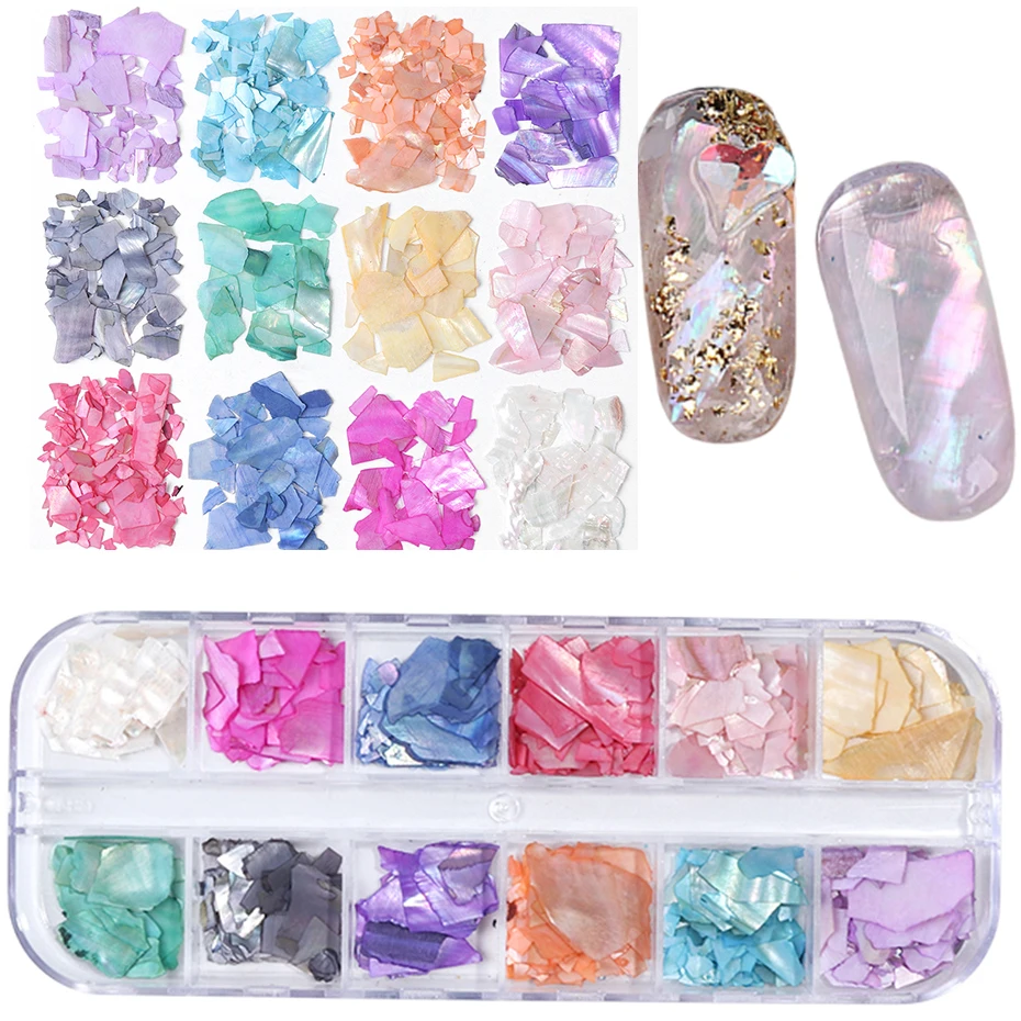 12 Grid Abalone Sea Shell Flakes For Nail Art Decoration Natural Sea 3D Nail Charm Parts DIY Manicure Decals Tip Beauty Tool