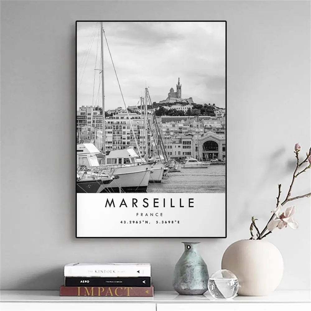 Marseille Cityscape Travel Poster  Modern Black  White Canvas Art with Coordinates  Minimalist French Wall Decor