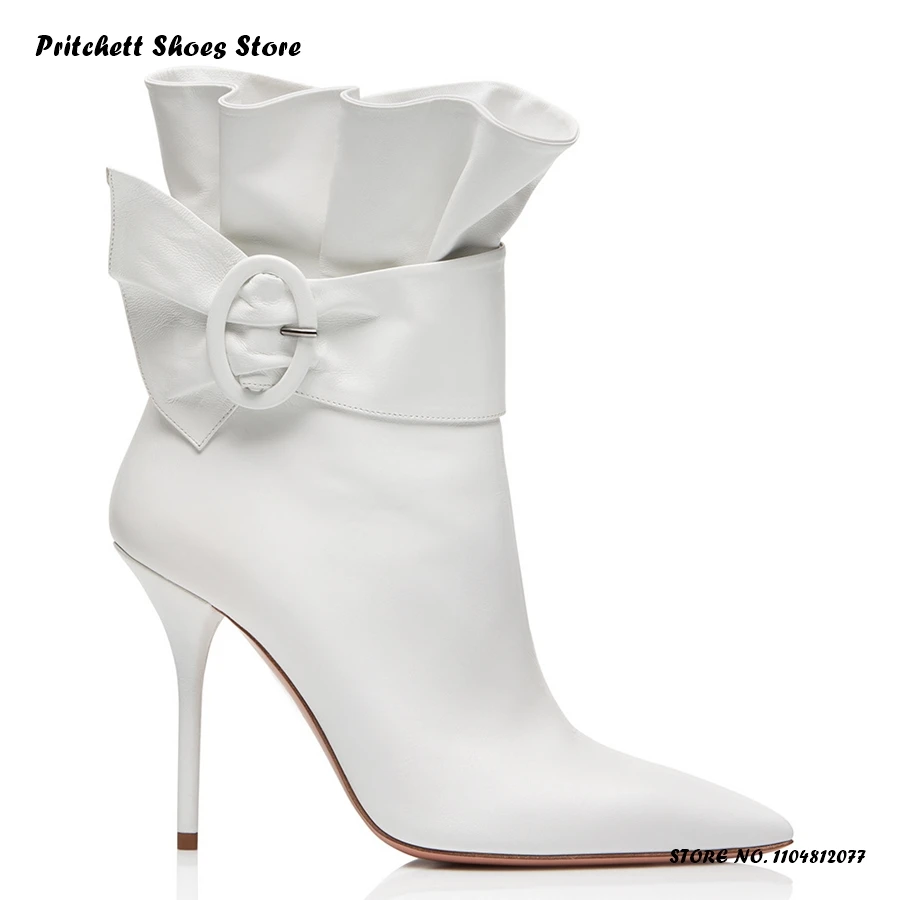Women's Ruffles PU Leather Booties Spring Autumn Elegant Side Zipper Ankle Boots Pointed Toe Thin Heels Party Dress Footwear