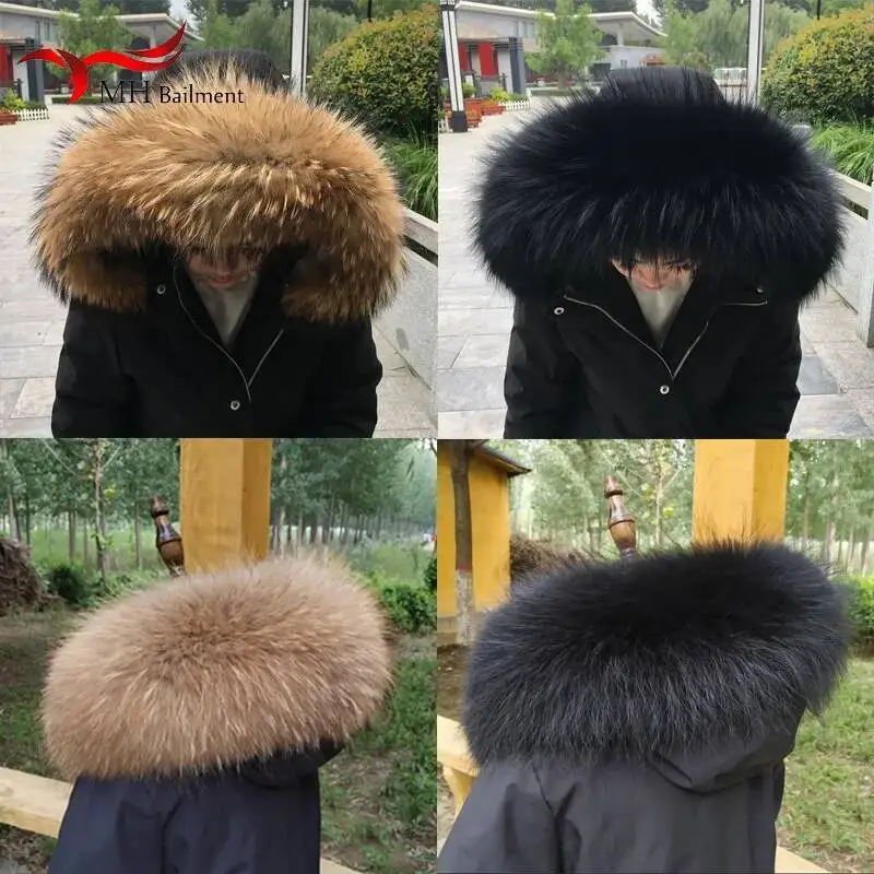 

100% Real Raccoon Fur Collar For Parkas Coats Luxury Warm Natural Raccoon Scarf Women Large Size Black Scarves Detachable Shawl