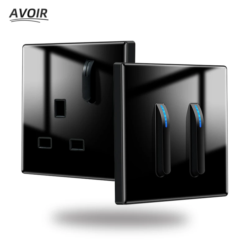 Avoir Reset Light Switch Piano Key Design Black 13A UK Standard Wall Socket With Usb Charger Port Glass Panel Power Outlet 250V