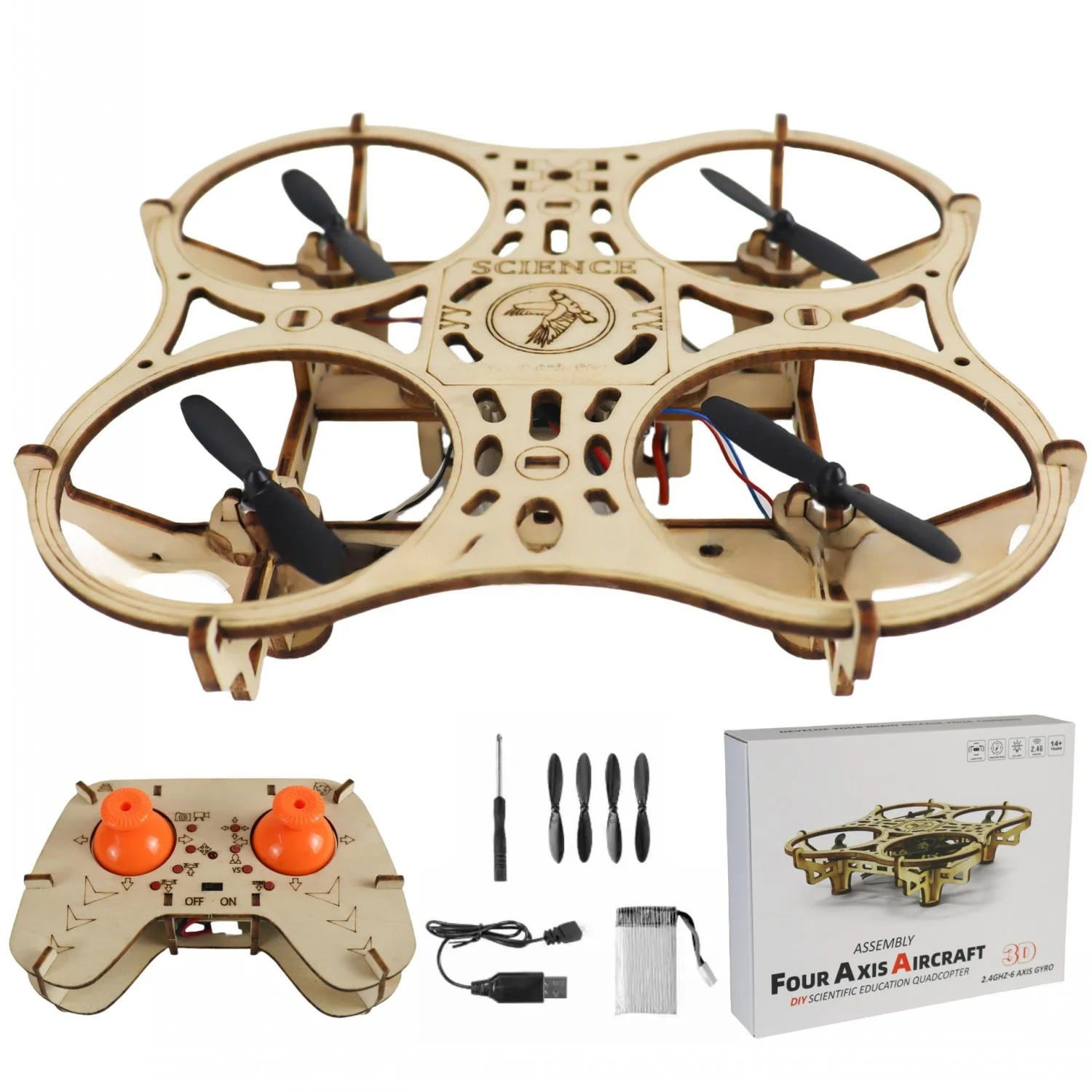Drewniany zestaw DIY do samodzielnego montażu drona z czterema osiami, zdalnie sterowany, zabawka dla dzieci w wieku 6-2 lat, inspirowany papugą, open source, symulacja lotu.