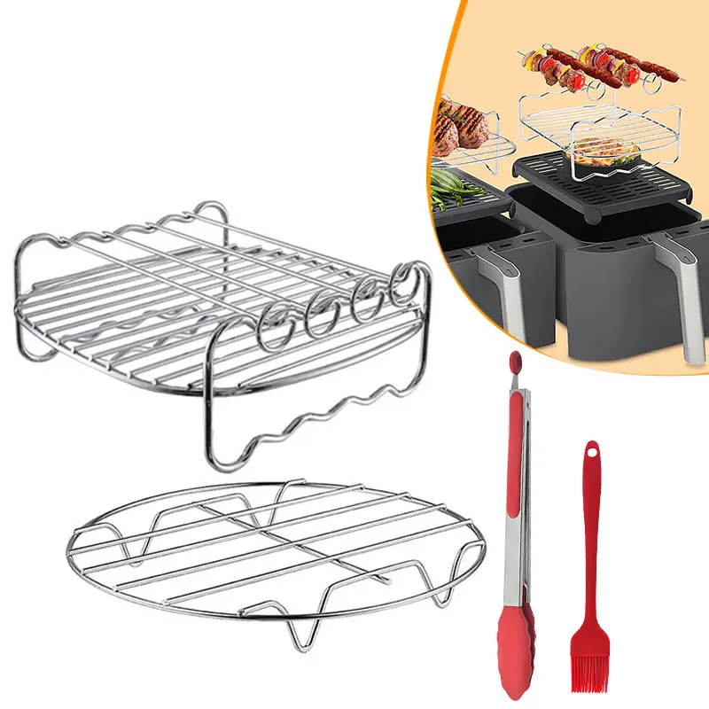 

4pcs Air Fryer Rack Double Layer Rack with Skewer Stainless Steel Grilling Rack Air Fryer Accessories Cooking Oven Rack