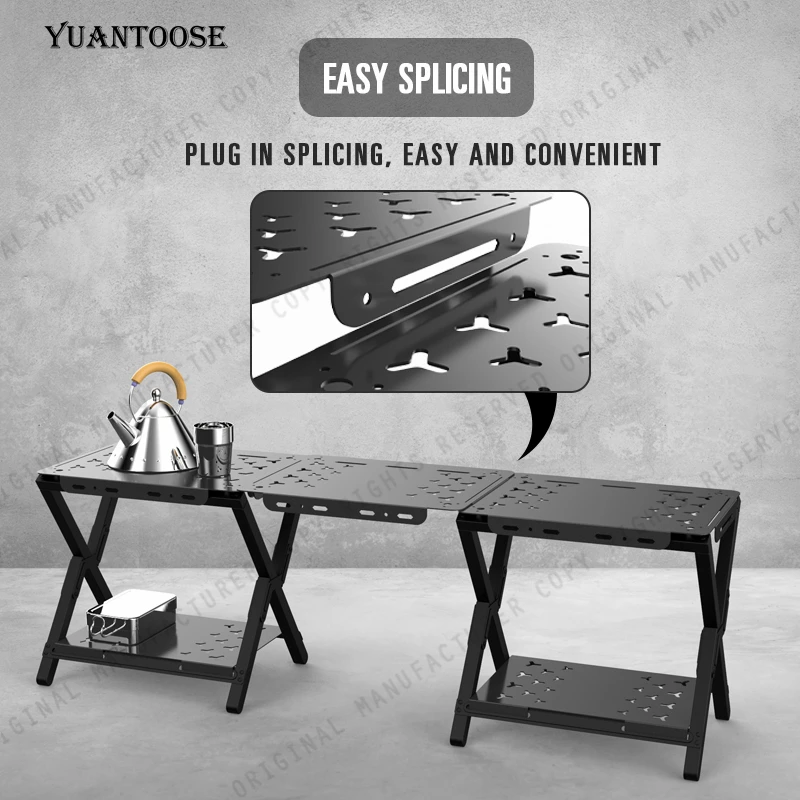 Mesa de camping portátil para picnic al aire libre, aleación de aluminio, madera de haya