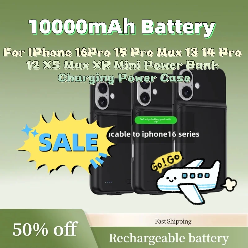 

Новый чехол-аккумулятор большой емкости 10 Ач для iPhone 16 Pro, 15 Pro Max, 13, 14 Pro, 12, XS Max, XR, Mini