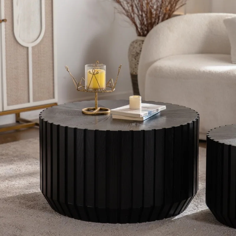 Black Ribbed Round Nesting Coffee Table Set Modern Living Room Side Table Wooden Center Table for Home Office Decor Furniture