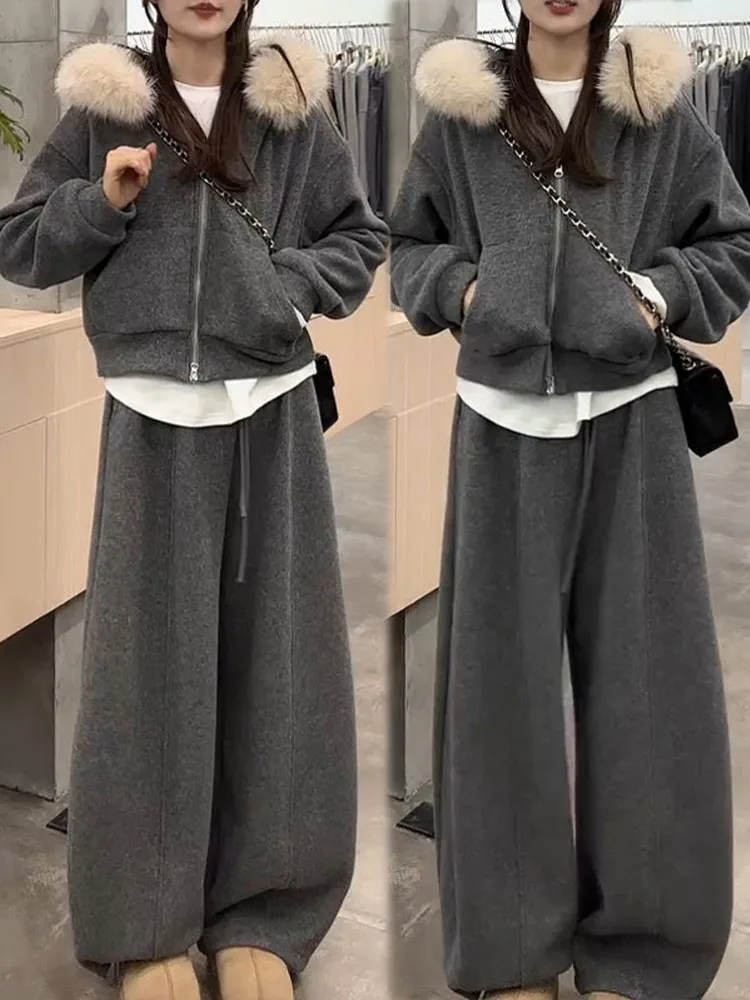 

Women's Casual Spor Two-Piece Set Zipper Hoodie And Wide Leg Pants with Fur Collar Open Cardigan Breathable Midweight Winte...