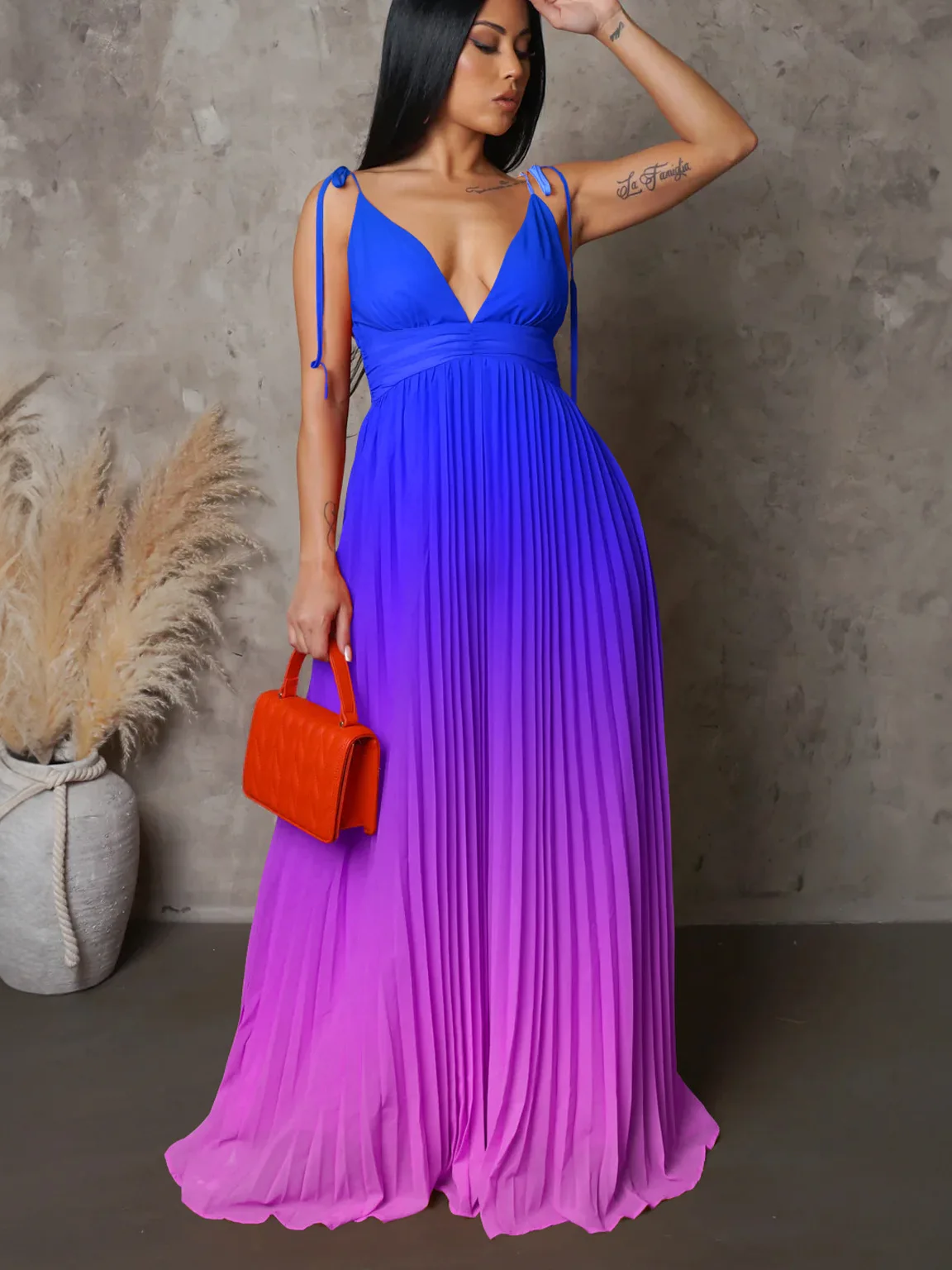 Suspender backless sexy straps gradual change color long dress dress