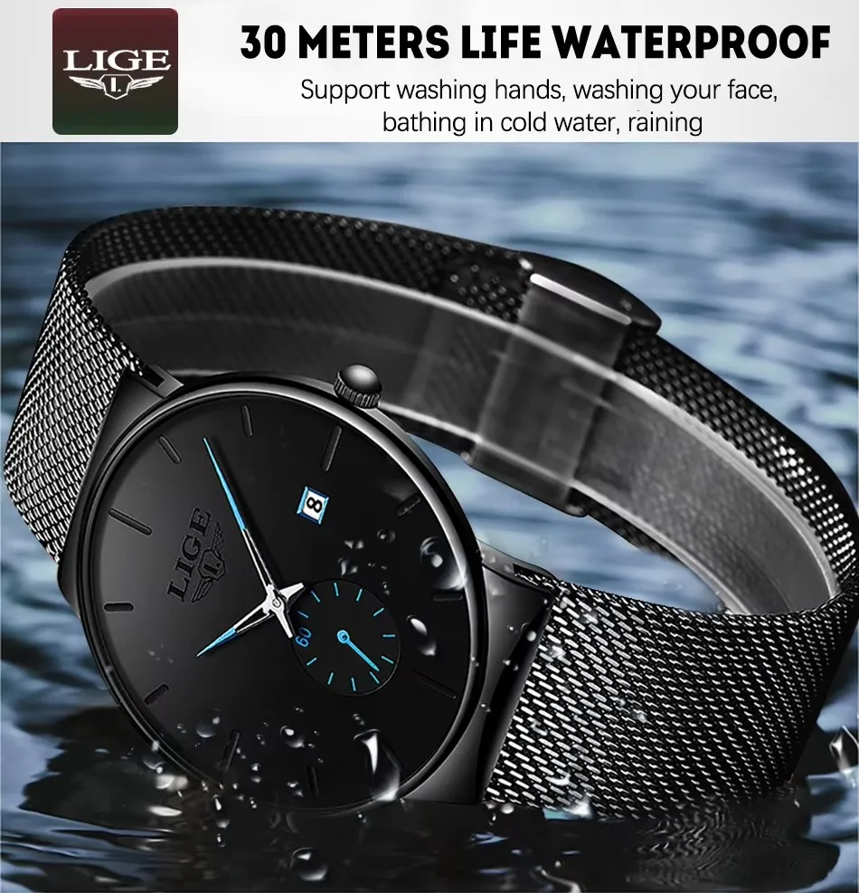 LIGE модные мужские часы лучший бренд класса люкс кварцевые часы мужские повседневные тонкие сетчатые стальные водонепроницаемые спортивные часы Relogio Masculino + коробка