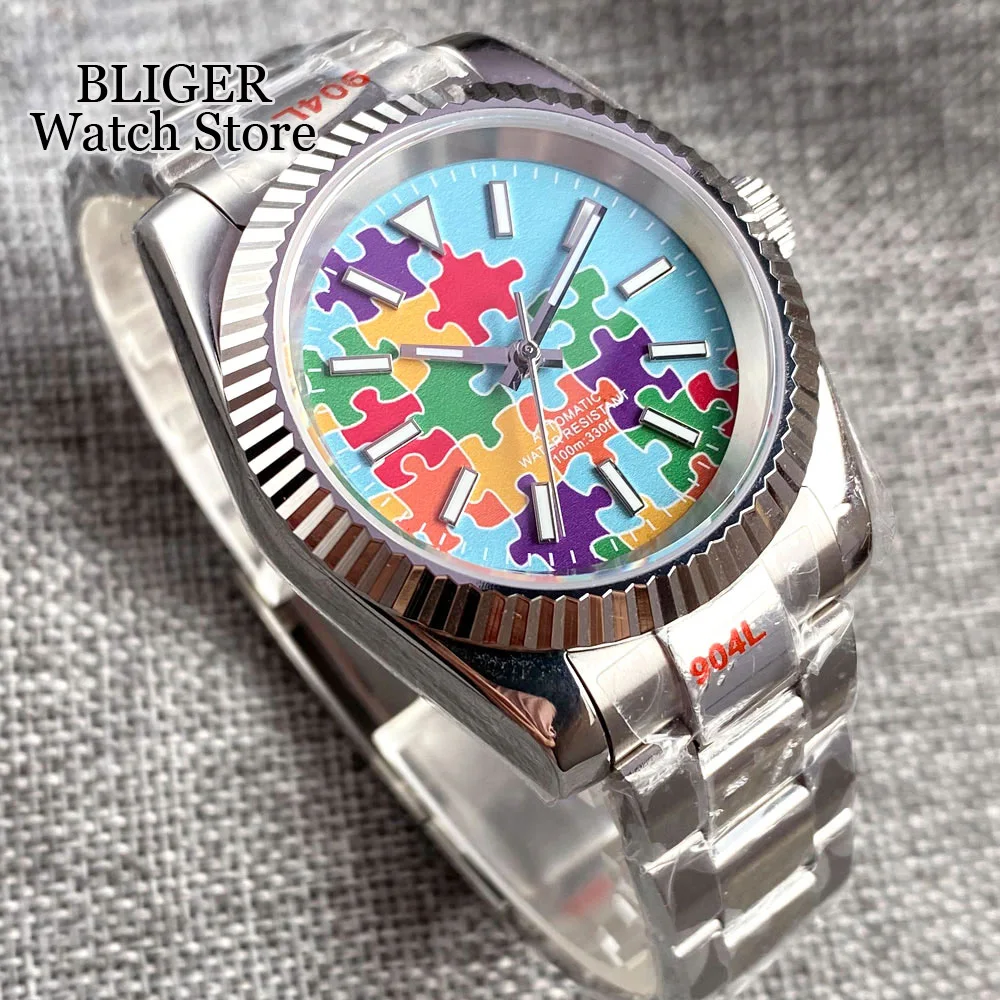 BLIGER 36mm 39mm NH35A PT5000 Mechanical Watch For Men Puzzle Printing Dial Polished Center Link Bracelet Sapphire Glass Montres