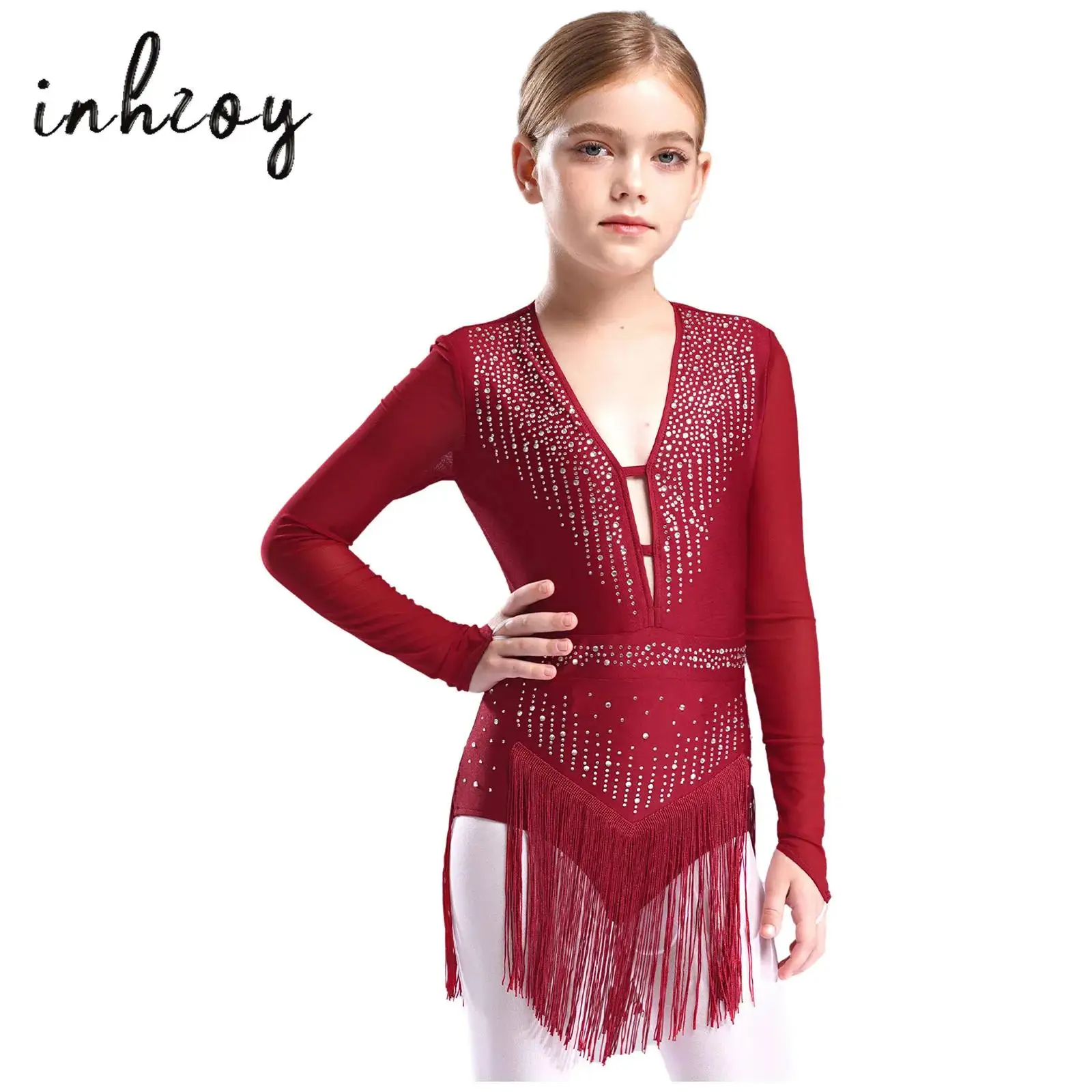 

Kids Girls Tassel Latin Dance Leotard Dress Rhinestones Long Sleeve Fringed Gymnastics Bodysuit Tango Samba Performance Costume