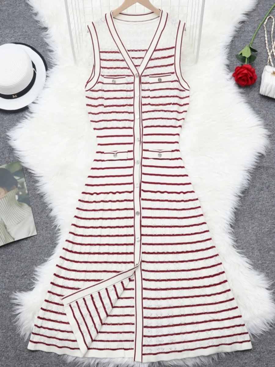 Fashion Brand Women Elegant Striped Knit Long Dress Chic Sleeveless V-neck Single-Breasted Robes Summer Female Knitting Dresses