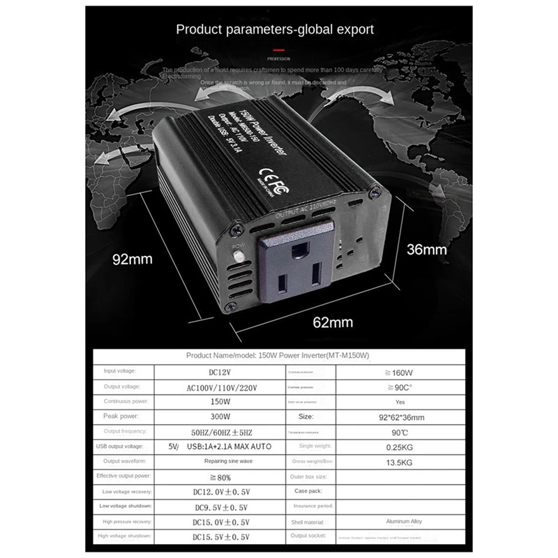 1 Piece Car Inverter Power Inverter 150W 12V To 110V220V Adapter USB Charger Fast Charging EU Plug