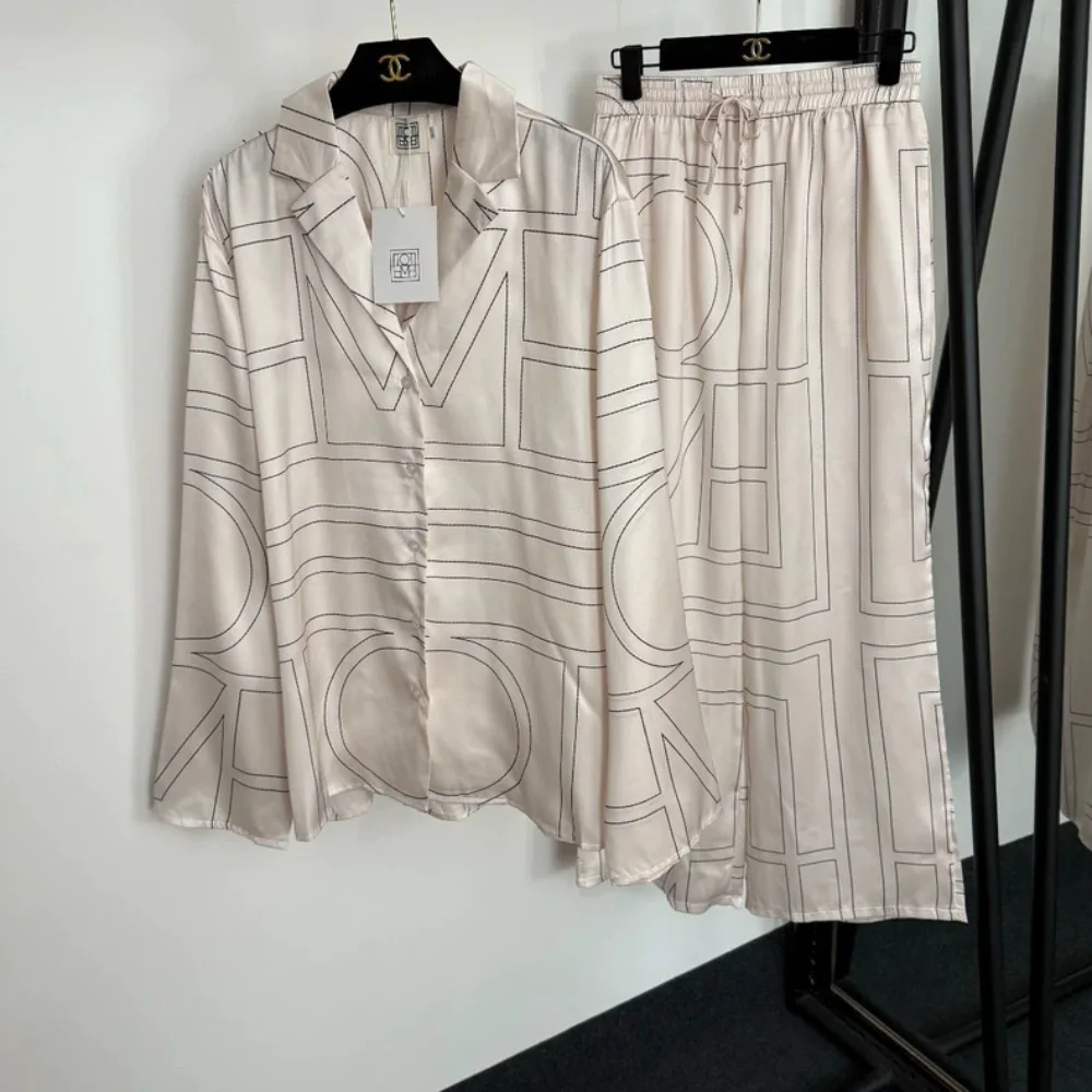 Women Toteme Style Letter Print Satin Pajama Set Lapel Long Sleeve Shirt Elastic Waist Pants Casual Sleepwear Loungewear