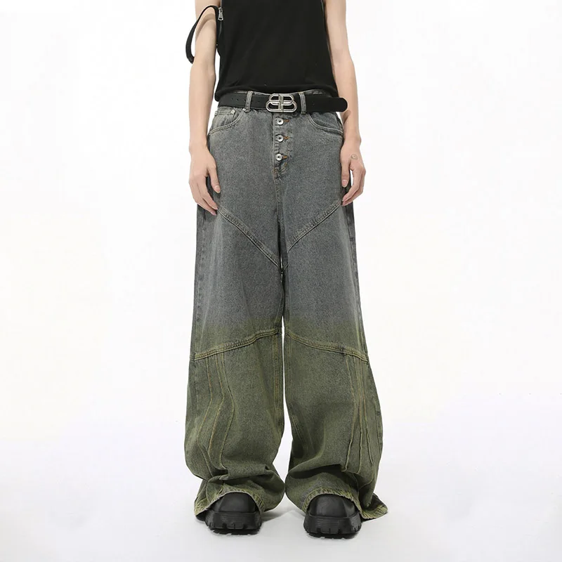 

Fashion Hip Hop Wide Leg Jeans Pants Patchwork Streetwear Casual Denim Trousers For Male Blue