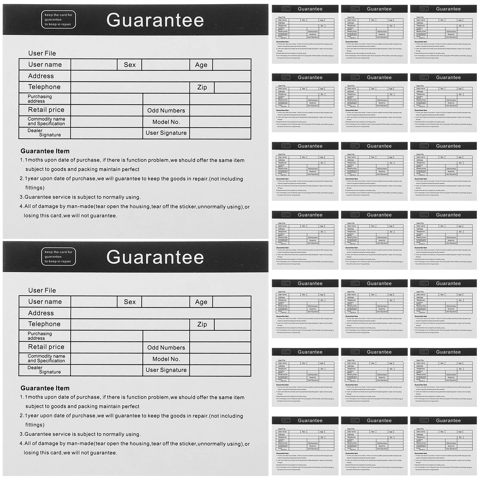 200 قطعة بطاقة الضمان الإنجليزية للأجهزة المنزلية بطاقات ضمان صيانة ما بعد البيع حماية الإصلاح على المدى الطويل #1