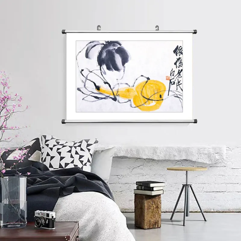 Chinese style canvas painting ink art combination decorative painting Chinese painter Qi Baishi large-scale vertical art mural