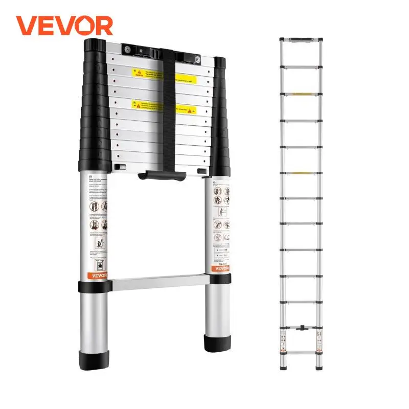 VEVOR Telescoping Ladder 12.5 FT Aluminum One-Button Retraction Collapsible Extension 375 LBS Capacity w/Non-Slip for Home RV