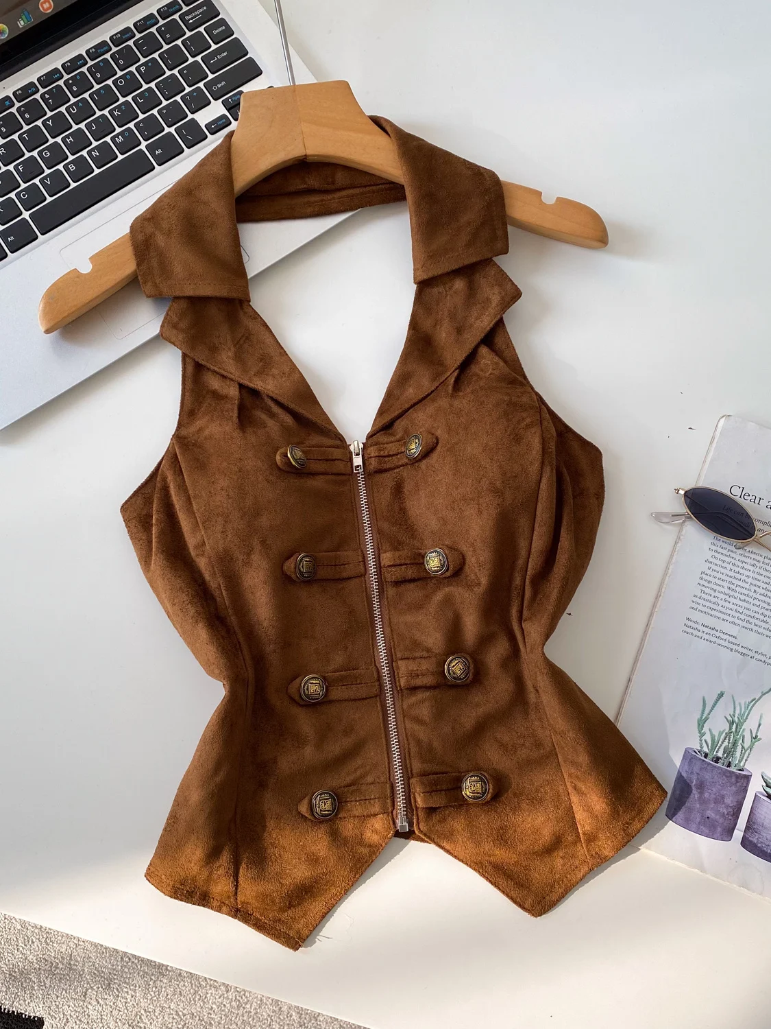 Slim Fit PU Leather Vest Women's Zipper Sleeveless Collared Jacket Motorcycle Style Fashion Trend Autumn Wear Commute Style